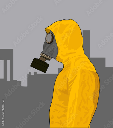 Medicine personal isolated in quarantine. Man in gas mask and special protection suit. 