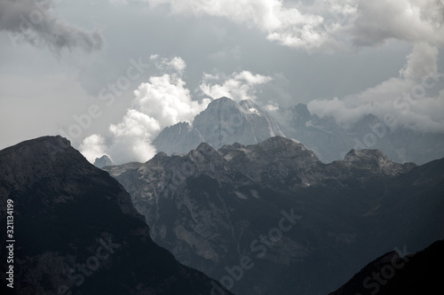 Hiking Dolomites mountains of Passo Giau. Peaks in South Tyrol in the Alps of Europe. Thunderstorm mood