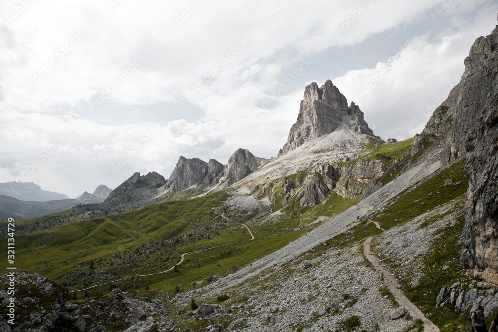 Hiking Dolomites mountains of Passo Giau. Peaks in South Tyrol in the Alps of Europe. Alpine landscape