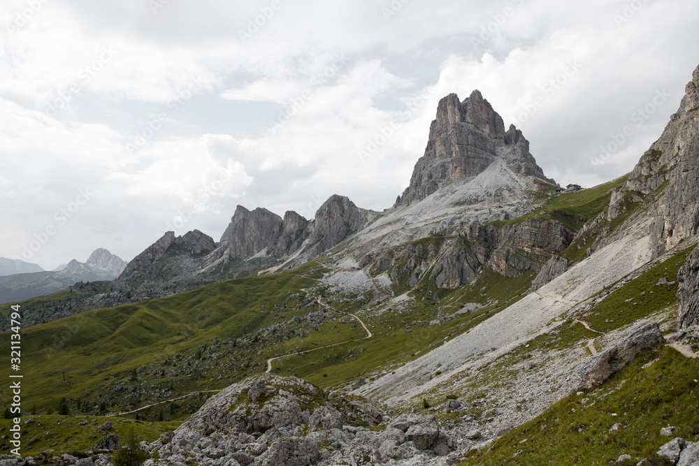 Hiking Dolomites mountains of Passo Giau. Peaks in South Tyrol in the Alps of Europe. Trekking scenery
