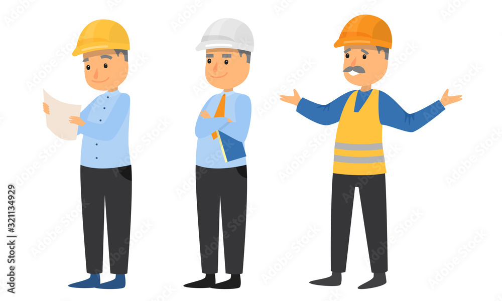 Set of builders in protective helmets during work vector illustration