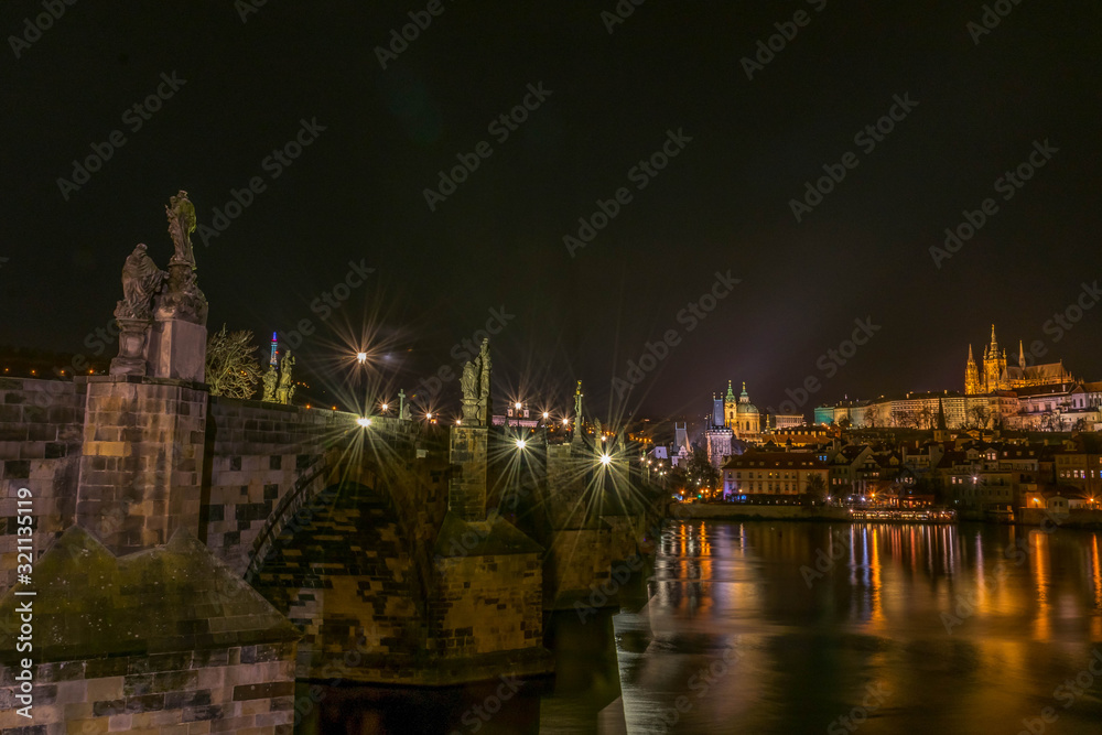 View at night Prague cityscape from Vltava river