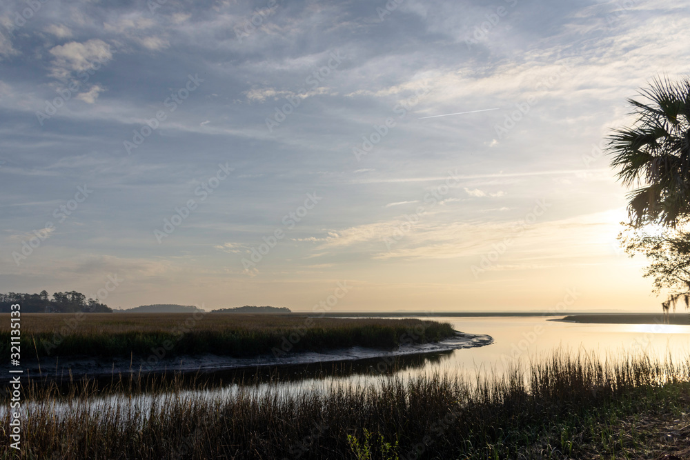 A beautiful landscape background of the lowcountry salt marsh near Sapelo Island, coastal Georgia, USA, home to an important marine estuary research centre.