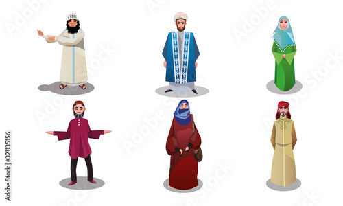 Muslim arabic women and men in traditional clothing vector illustration