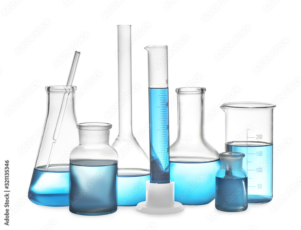 Different laboratory glassware with light blue liquid isolated on white Different laboratory glassware with light blue liquid isolated on white