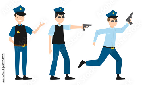 Men policemen in traditional uniform with gun vector illustration