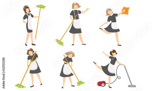 Set of young women maids making housekeeping work vector illustration