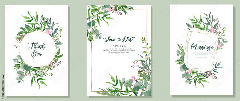 Obraz Set of three wedding cards, watercolor greenery and golden frames