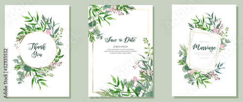 Obraz na płótnie Set of three wedding cards, watercolor greenery and golden frames