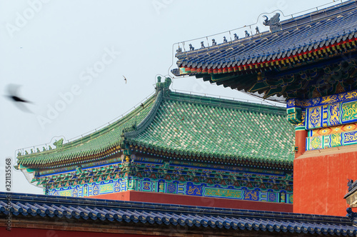 birds under architectural details of China Temple of Heaven complex