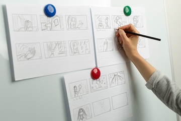 Design drawings of storyboards for animated cartoons.