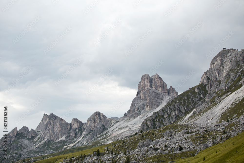 Hiking Dolomites mountains of Passo Giau. Peaks in South Tyrol in the Alps of Europe. Alpine Trekking