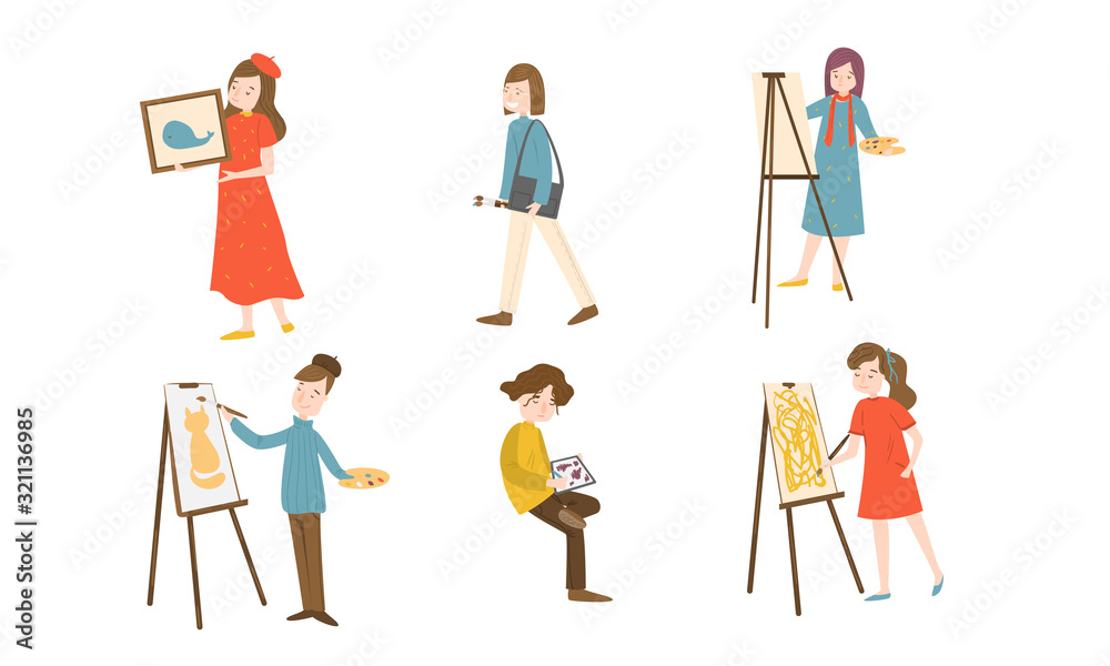 Naklejka premium Young girls and boys painters doing their hobby vector illustration