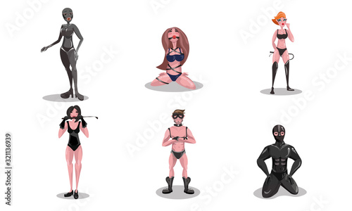 People in leather costumes practicing bdsm sex games vector illustration