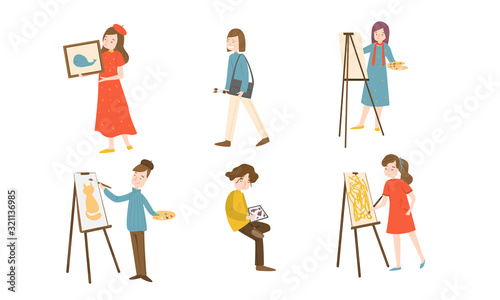Young girls and boys painters doing their hobby vector illustration