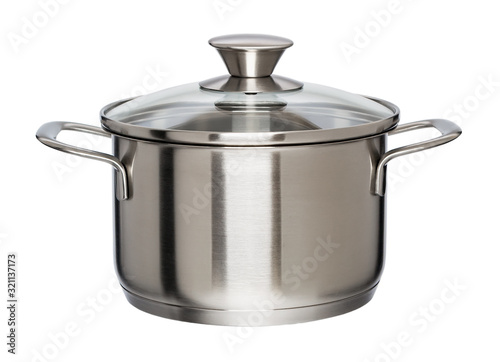 New metal pan with glass lid isolated on white background. Modern kitchen utensils with thick bottom for electric, infrared, induction or gas stoves.