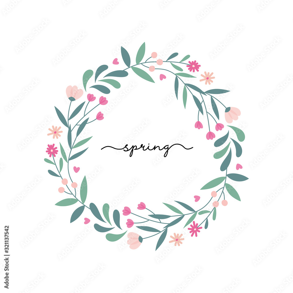 Cute frame with leaves and flowers. Design for greeting card, wedding invitation, banner, logo. Spring mood. Vector isolated illustration on a white background. Cute frame with leaves and flowers. Design for greeting card, wedding invitation, banner, logo. Spring mood. Vector isolated illustration on a white background.