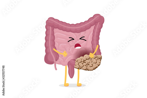 Sad suffering sick intestine colon cancer pain cartoon character. Abdominal cavity digestive and excretion human internal unhealthy bowel organ. Vector organ tumor illustration