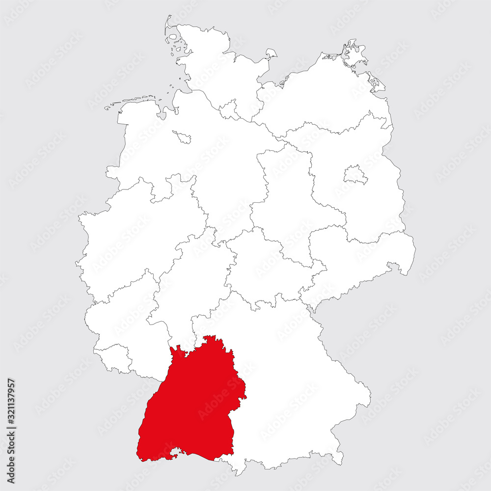 Baden Wurttemberg province highlighted germany political map. Gray background. German map. Business concepts.