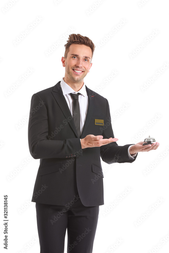 Portrait of hotel receptionist with service bell on white background Portrait of hotel receptionist with service bell on white background