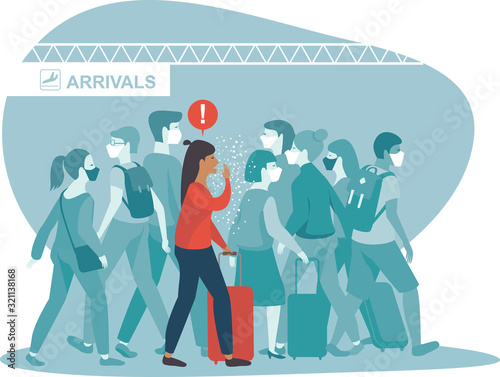 woman coughing spreads virus or bacterial infection in airport arrival area COVID-19 outbreak concept