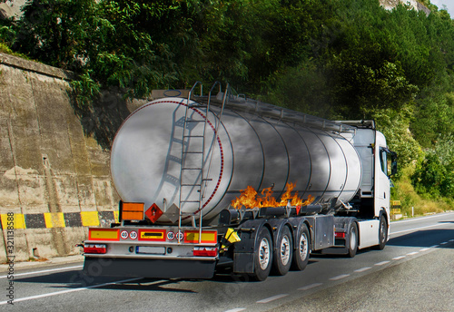 fire broke out at a tanker carrying diesel. Danger of explosion. Dangers that may occur to cars carrying fuel. Image with a fire