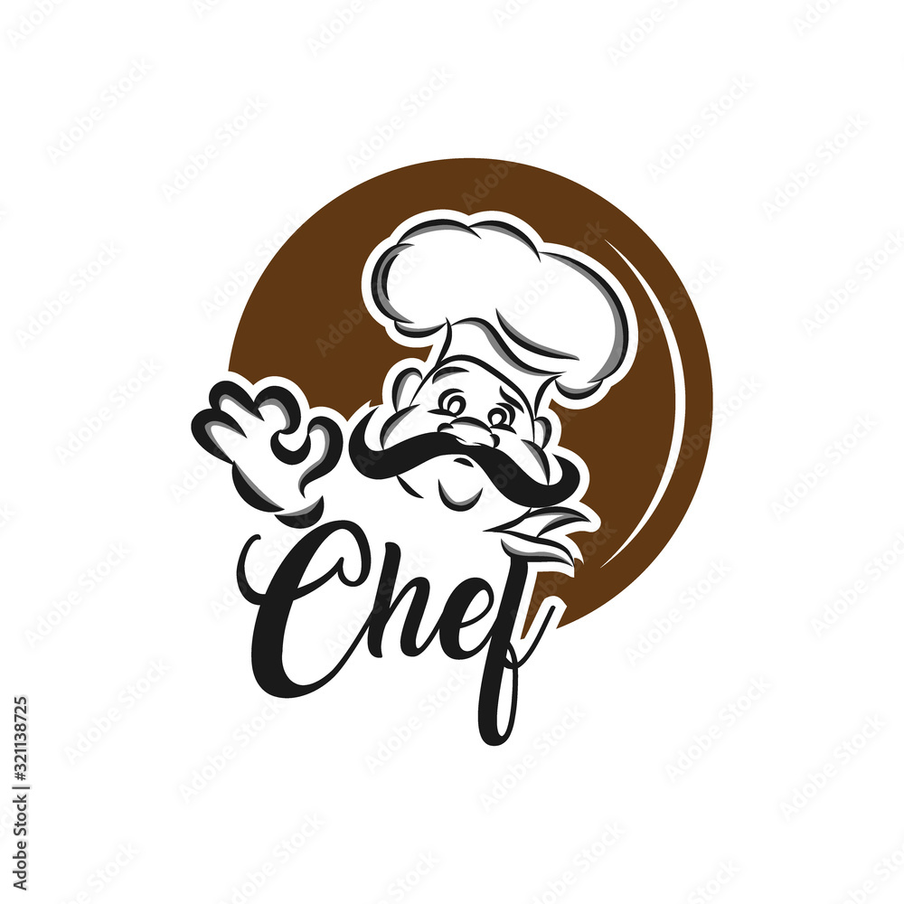Menu symbol with chef and hand. Black vector illustration