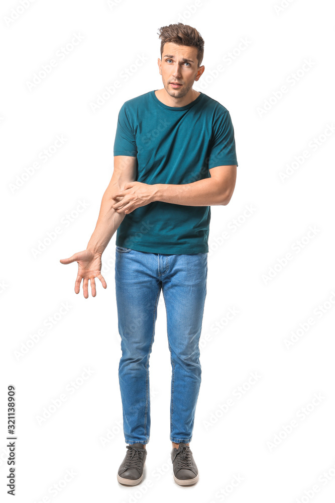 Scratching allergic man on white background