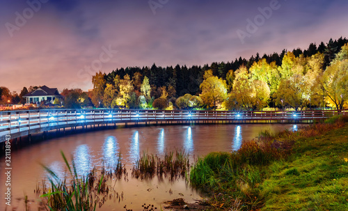 Moscow. October 06  2019. Beautiful night landscape with a view of the Meshchersky pond  park and forest
