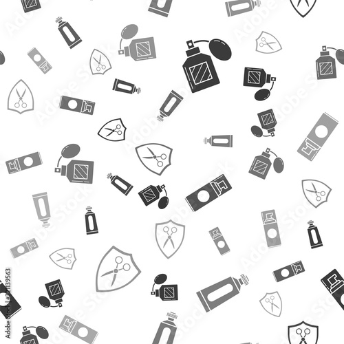 Set Aftershave, Cream or lotion cosmetic tube, Shaving gel foam and Scissors hairdresser and shield on seamless pattern. Vector
