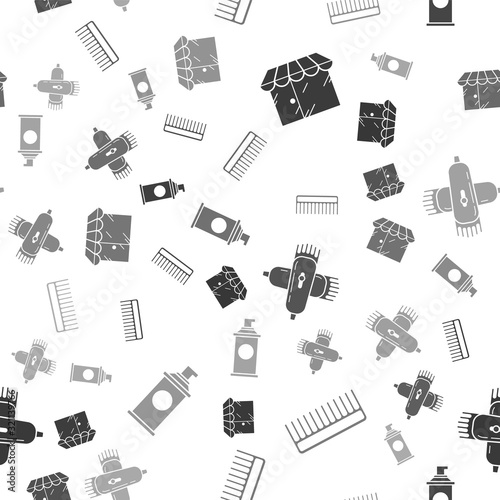Set Barbershop building, Hairbrush, Crossed electrical hair clipper or shaver and Shaving gel foam on seamless pattern. Vector