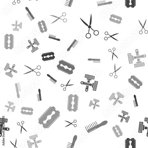 Set Scissors hairdresser, Hairbrush, Crossed shaving razor and Blade razor on seamless pattern. Vector