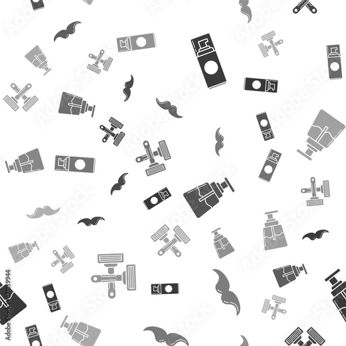 Set Shaving gel foam, Mustache, Aftershave and Crossed shaving razor on seamless pattern. Vector