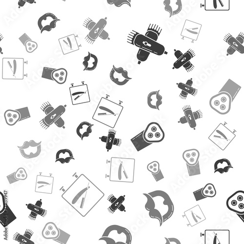 Set Crossed electrical hair clipper or shaver, Mustache and beard, Electrical hair clipper or shaver and Barbershop with razor on seamless pattern. Vector