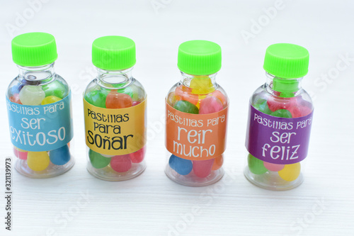 Concept of positive phrases, represented in colorful candies