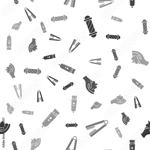 Set Classic Barber shop pole, Curling iron for hair, Shaving gel foam on hand and Electrical hair clipper or shaver on seamless pattern. Vector