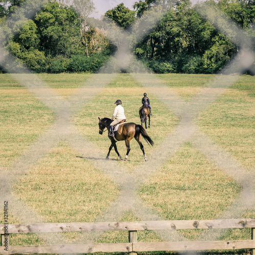  Two Brown Horses and Their Riders Framed in a Diamond of a Chain-link Fence