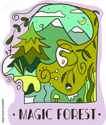 Magic Forest - Illustration with leaves, flowers, mountains, pine tree. Cover, poster, abstract, book illustration, hand drawn, doodle. Green vibes.