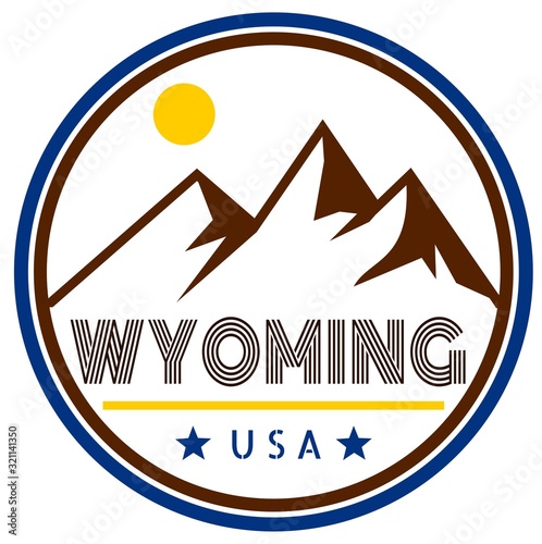 Retro Wyoming badge with mountains and sunshine photo