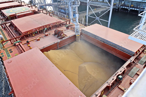 Cargo terminal for loading grain cargo by shore cranes. Port Tacoma,WA, USA. October, 2019.