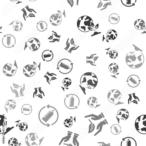 Set Earth globe and plant, Sprout in hand of environmental protection, Earth globe and plant and Recycling plastic bottle on seamless pattern. Vector