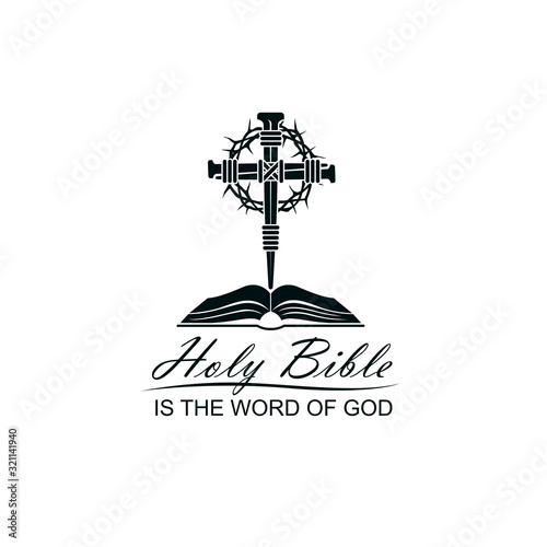 bible, crown of thorns and nail cross icon isolated on white background 