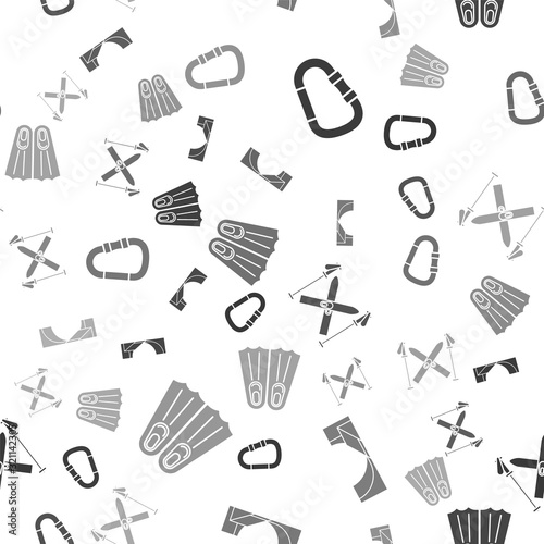 Set Carabiner, Skate park, Ski and sticks and Rubber flippers for swimming on seamless pattern. Vector