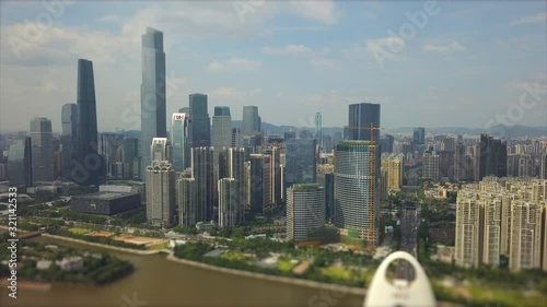 sunny day guangzhou cityscape downtown riverside bay aerial panorama tilt-shift 4k china photo