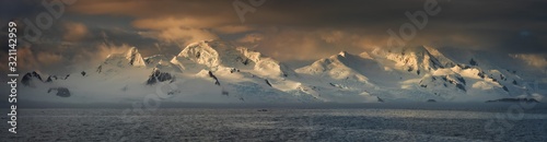 panorama of sunset in Antarctic mountains