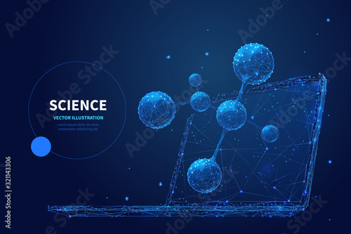 High tech science low poly wireframe banner vector template. Scientific mobile technology, chemical research poster polygonal design. Laptop with forensics software 3d mesh art with connected dots