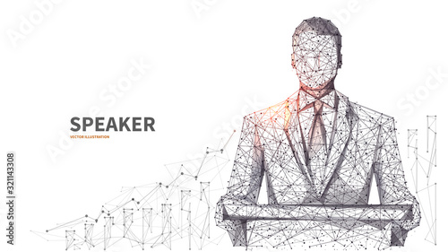 Young businessman in a classic suit. An equipped place for the speaker. Business conference and business meeting concept. Isolated low poly wireframe digital vector illustration on white background. 