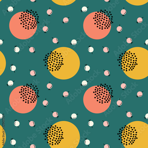 The seamless colorful pattern with flowers and berries in scandinavian style. Hand drawn overlapping background for your design. Textile, blog decoration, banner, poster, wrapping paper.