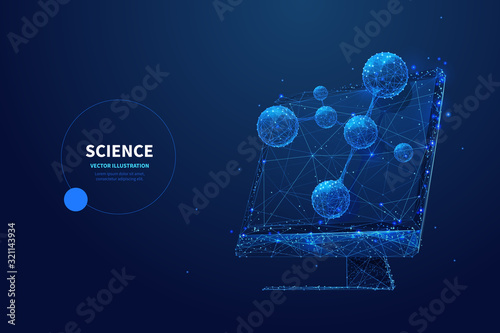 Futuristic science low poly wireframe banner vector template. Scientific research technology, biotechnology study poster polygonal design. Monitor with molecule model 3d mesh art with connected dots