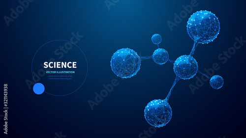 An abstract model of molecule low poly wireframe on a blue background. Science and medical concept with connected dots. Starry sky low poly wireframe digital vector illustration on white background.  photo